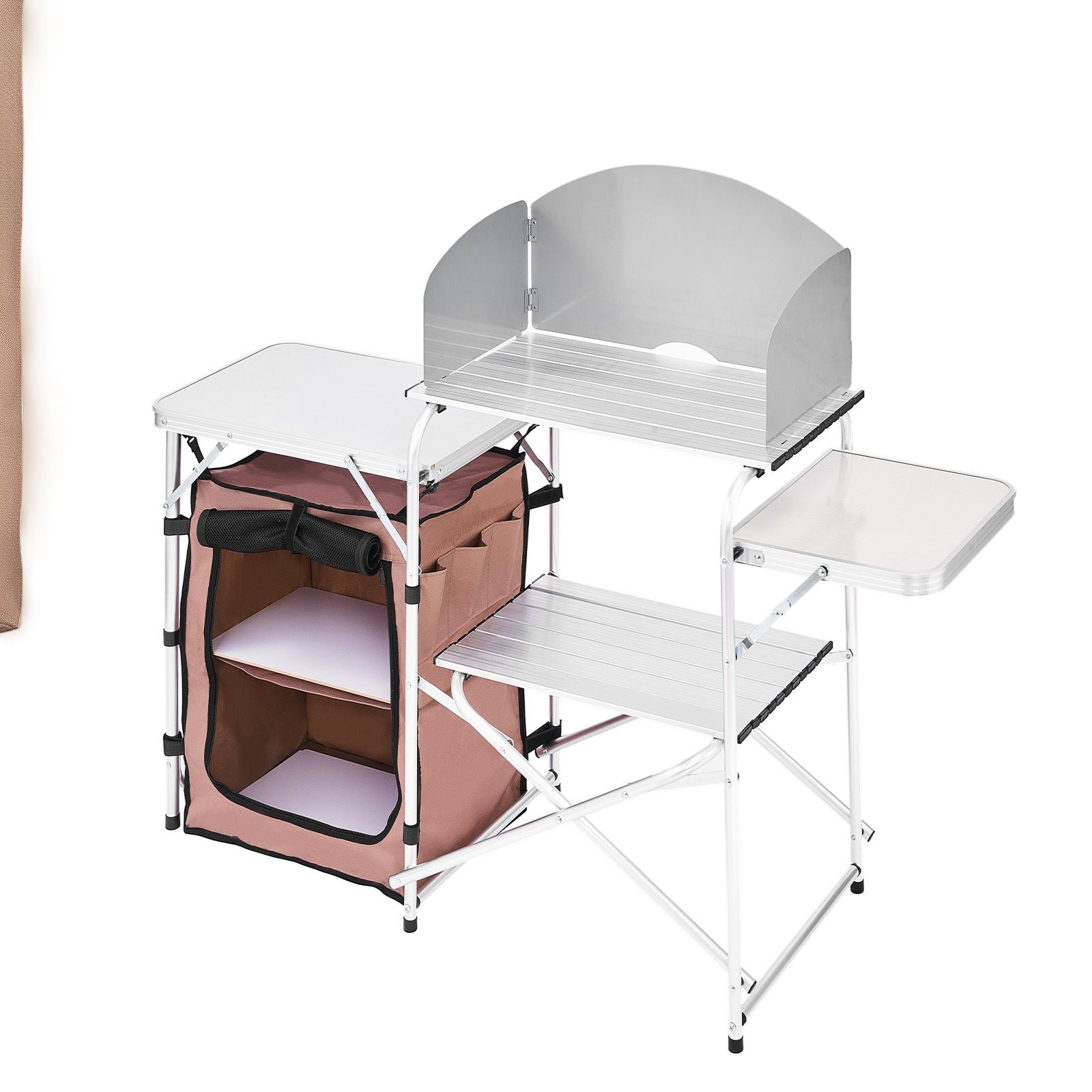 Outdoor 2-Tier Kitchen with Zippered Bag, Portable Folding Cook Table for BBQ, Party and Camping, Brown