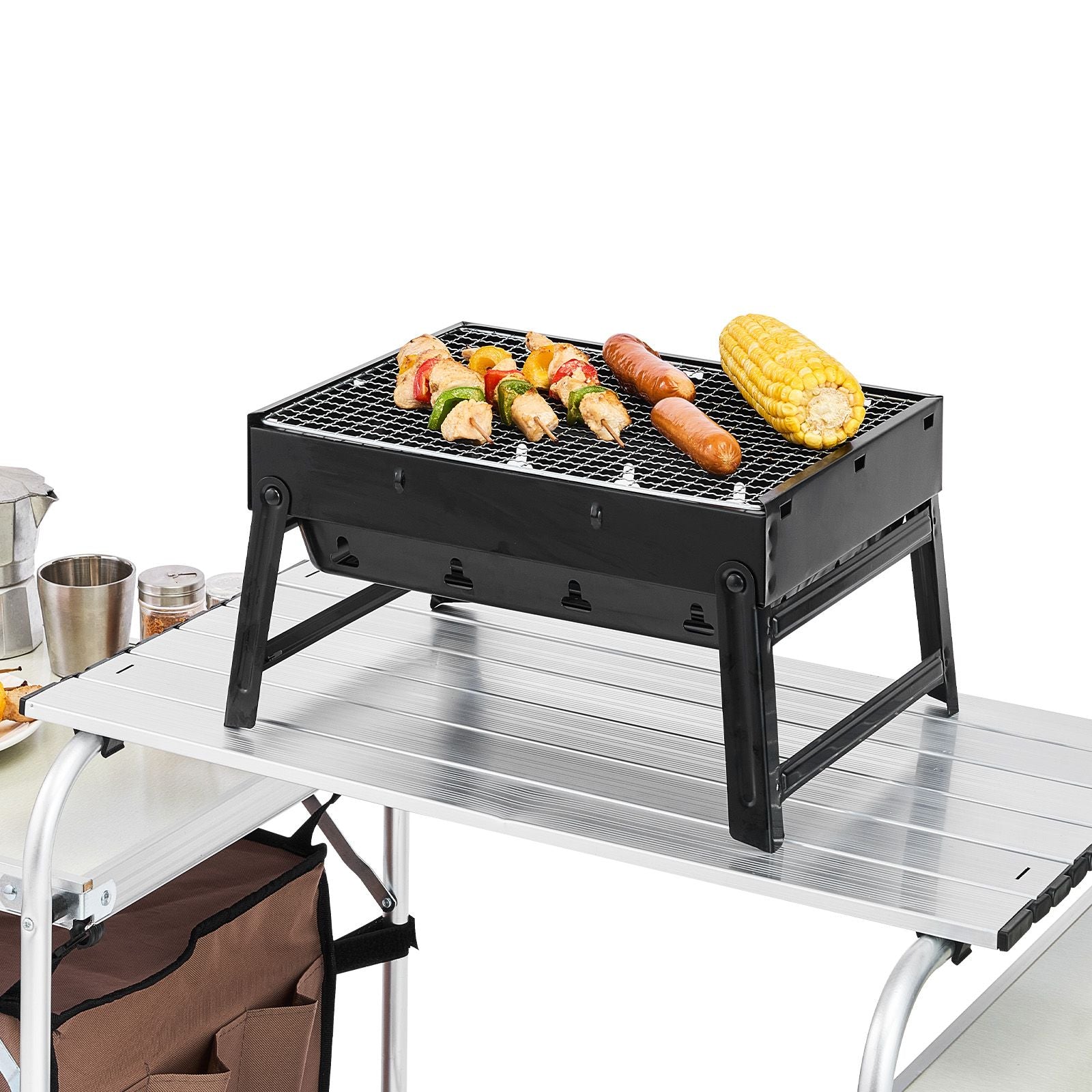 Outdoor 2-Tier Kitchen with Zippered Bag, Portable Folding Cook Table for BBQ, Party and Camping, Brown