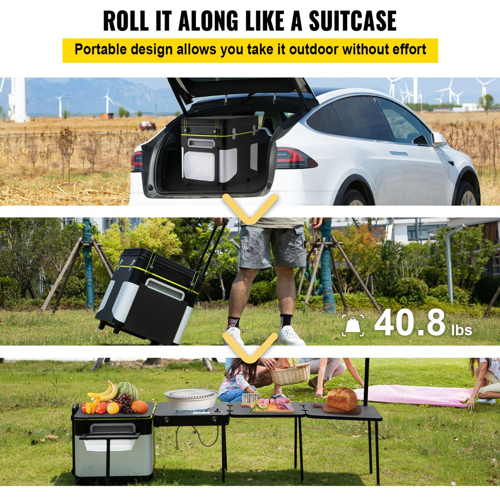 Outdoor Mobile Kitchen, Portable Multifunctional Camp Box with Wheels All in One Integrated Cooking Station with Windproof Stove, Folding Tables Storage Organizer, Black