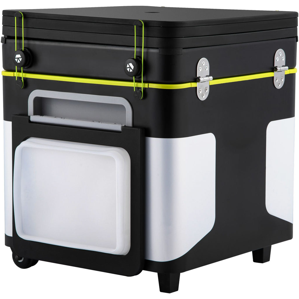 Outdoor Mobile Kitchen, Portable Multifunctional Camp Box with Wheels All in One Integrated Cooking Station with Windproof Stove, Folding Tables Storage Organizer, Black