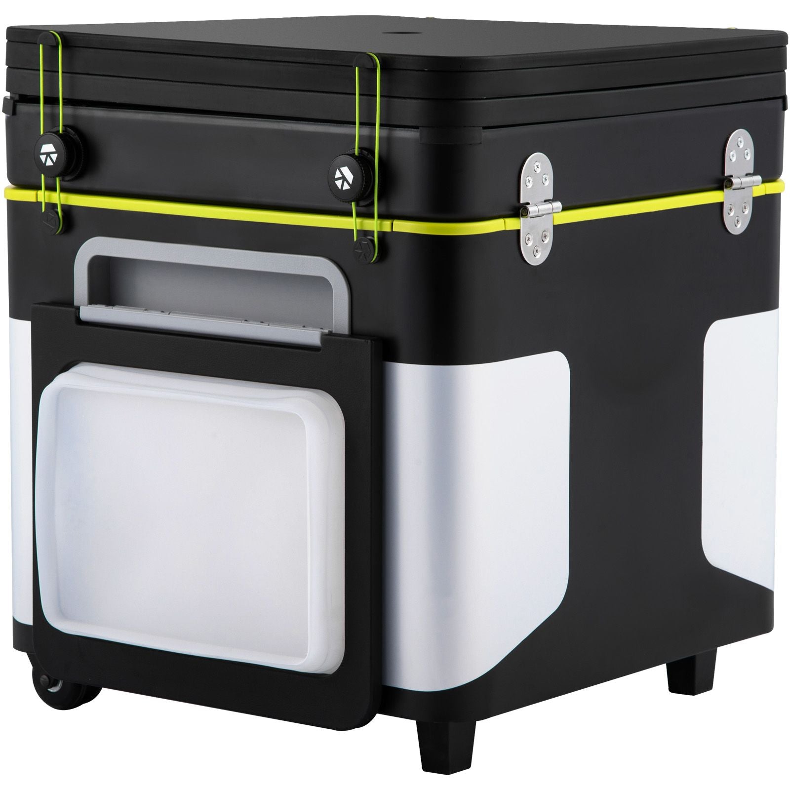 Outdoor Mobile Kitchen, Portable Multifunctional Camp Box with Wheels All in One Integrated Cooking Station with Windproof Stove, Folding Tables Storage Organizer, Black