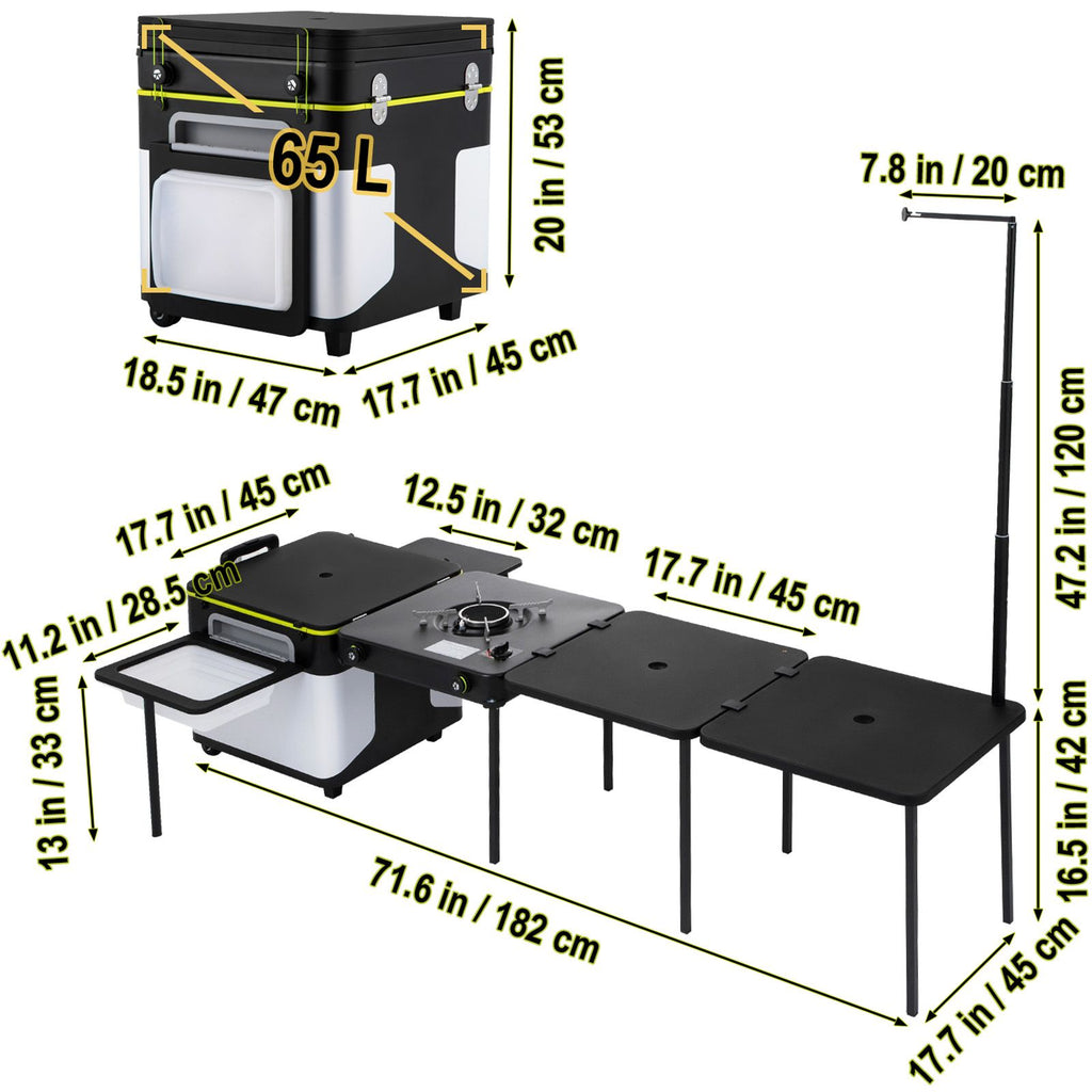 Outdoor Mobile Kitchen, Portable Multifunctional Camp Box with Wheels All in One Integrated Cooking Station with Windproof Stove, Folding Tables Storage Organizer, Black