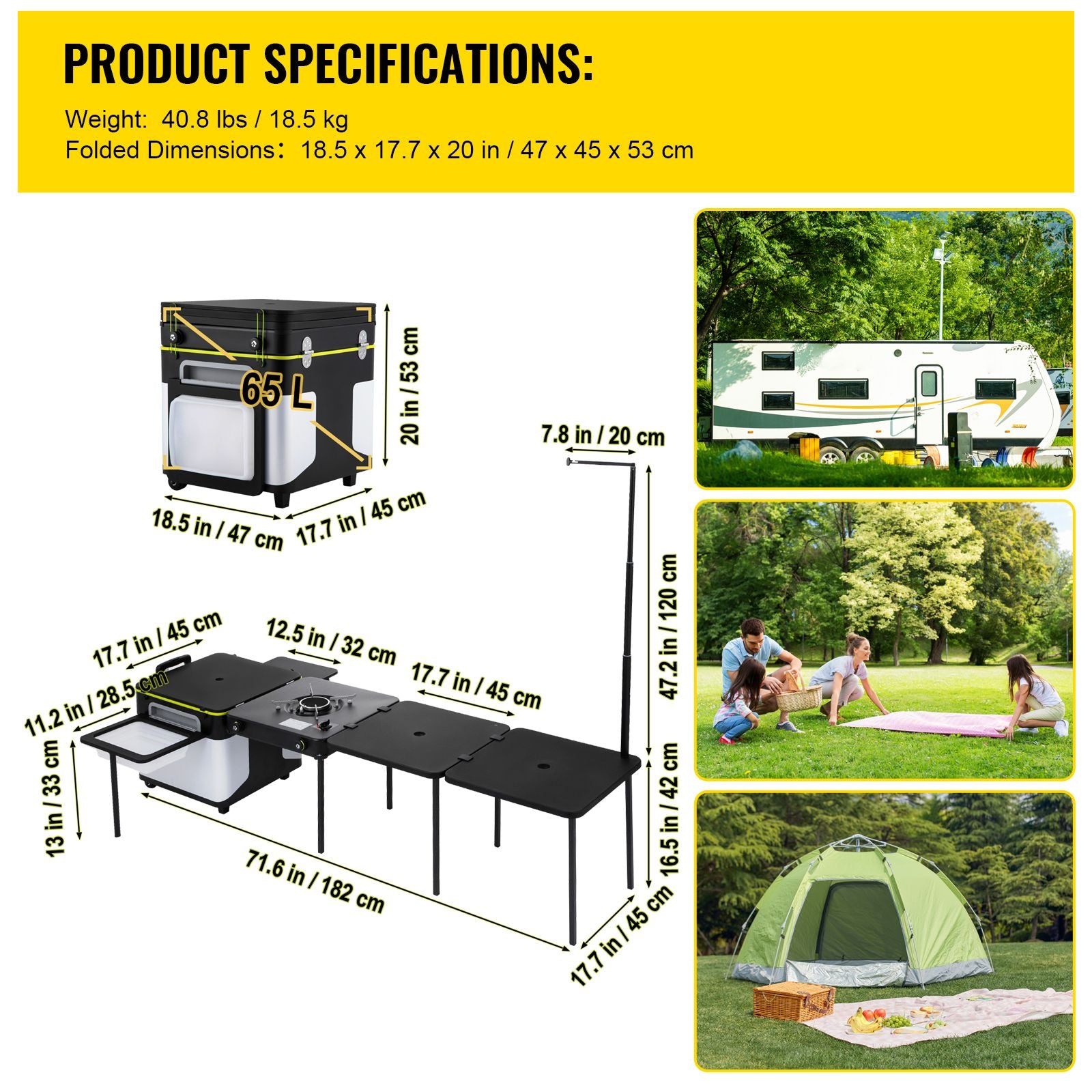 Outdoor Mobile Kitchen, Portable Multifunctional Camp Box with Wheels All in One Integrated Cooking Station with Windproof Stove, Folding Tables Storage Organizer, Black