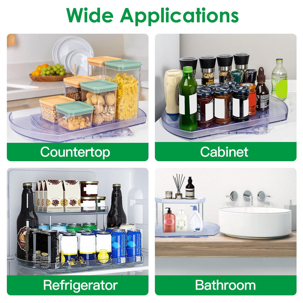2 Tier Turntable Organizer Rectangular Refrigerator Spinner Storage Rack with 360° Rotatable Slide Rail for Kitchen Cabinet Countertop