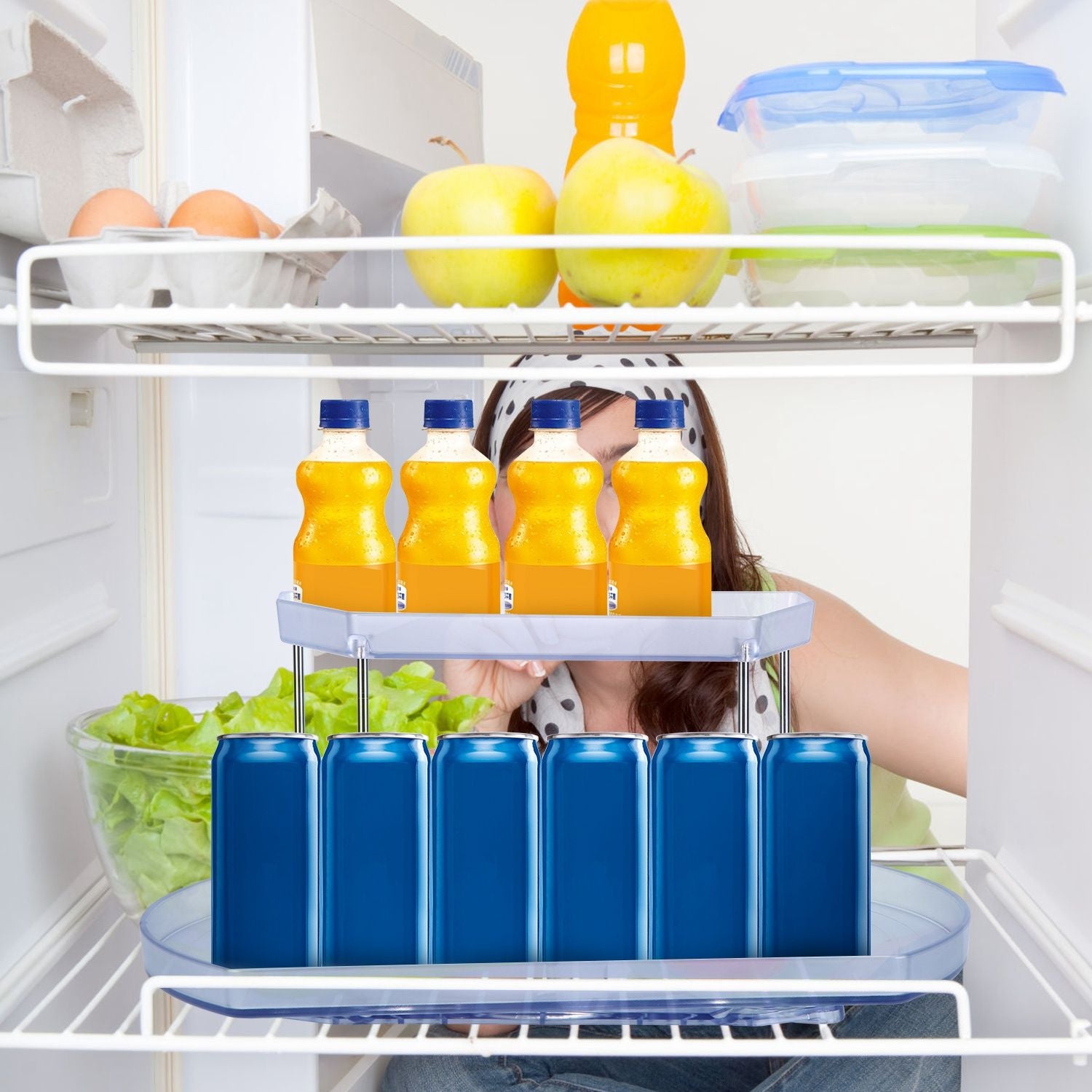 2 Tier Turntable Organizer Rectangular Refrigerator Spinner Storage Rack with 360° Rotatable Slide Rail for Kitchen Cabinet Countertop