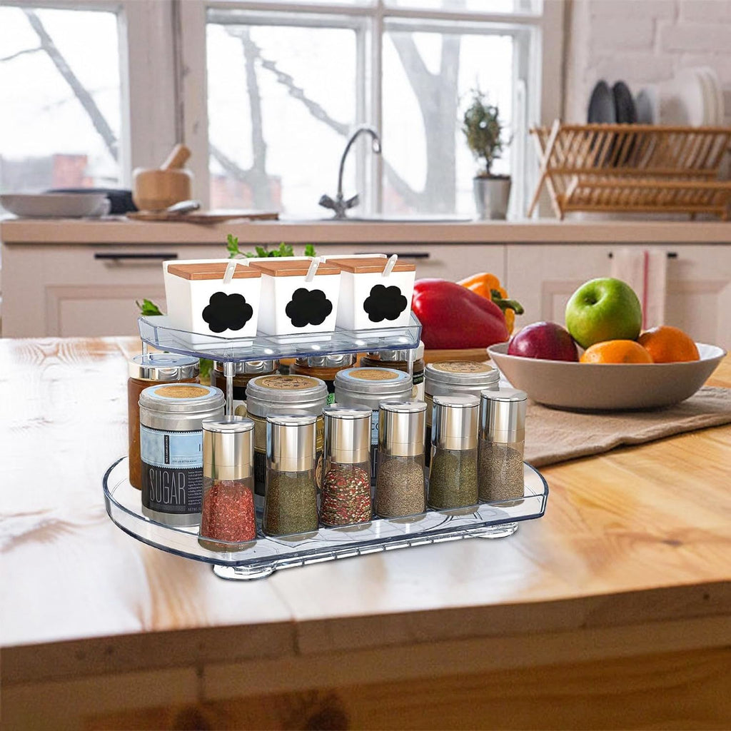 2 Tier Turntable Organizer Rectangular Refrigerator Spinner Storage Rack with 360° Rotatable Slide Rail for Kitchen Cabinet Countertop