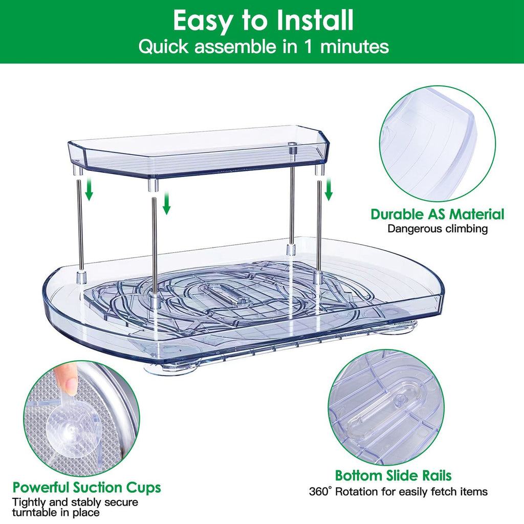 2 Tier Turntable Organizer Rectangular Refrigerator Spinner Storage Rack with 360° Rotatable Slide Rail for Kitchen Cabinet Countertop