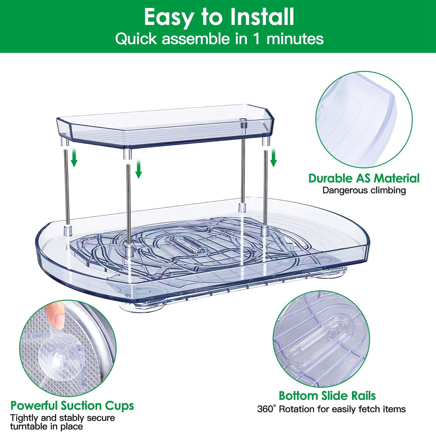 2 Tier Turntable Organizer Rectangular Refrigerator Spinner Storage Rack with 360° Rotatable Slide Rail for Kitchen Cabinet Countertop