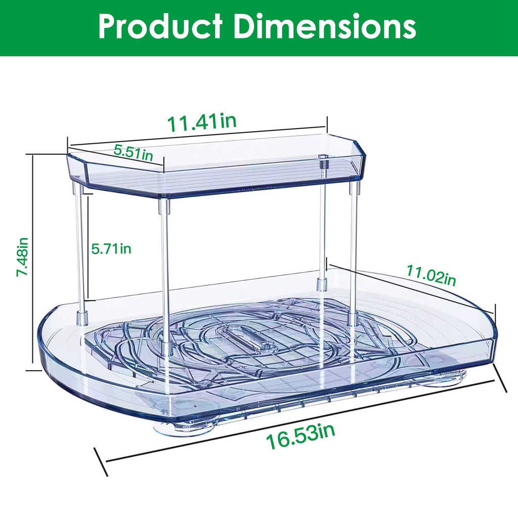 2 Tier Turntable Organizer Rectangular Refrigerator Spinner Storage Rack with 360° Rotatable Slide Rail for Kitchen Cabinet Countertop