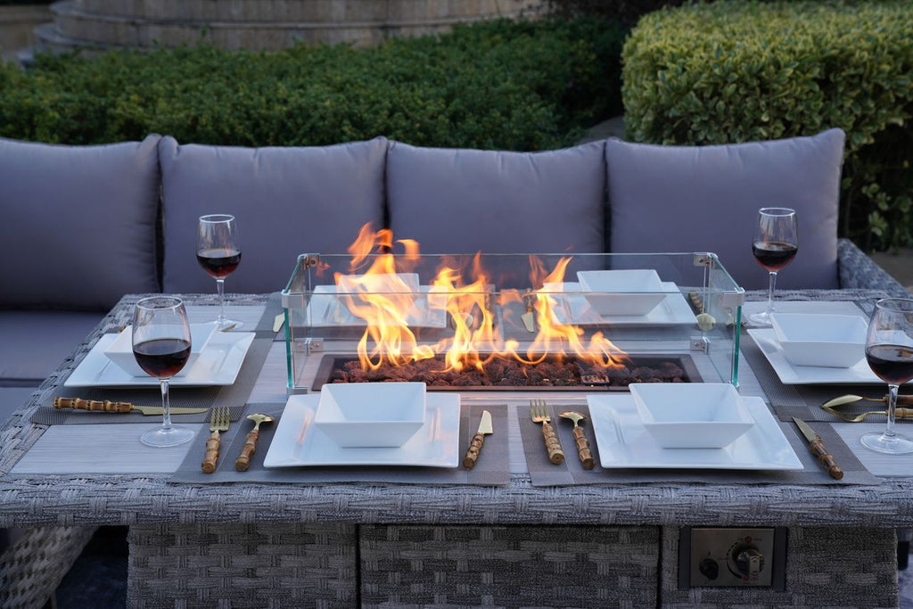 5-Piece Gray Wicker Outdoor Conversational Sofa Set with Fire Pit Table and Ottoman
