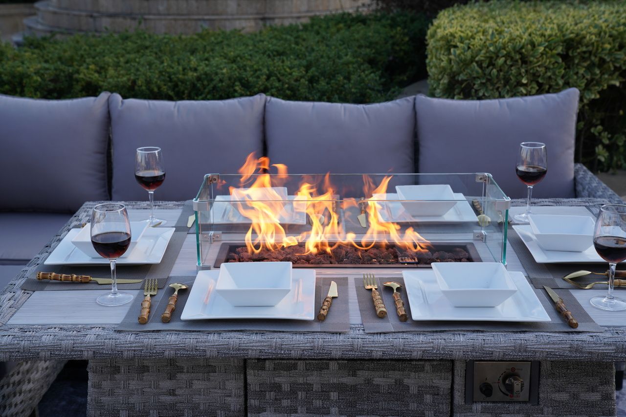 5-Piece Gray Wicker Outdoor Conversational Sofa Set with Fire Pit Table and Ottoman
