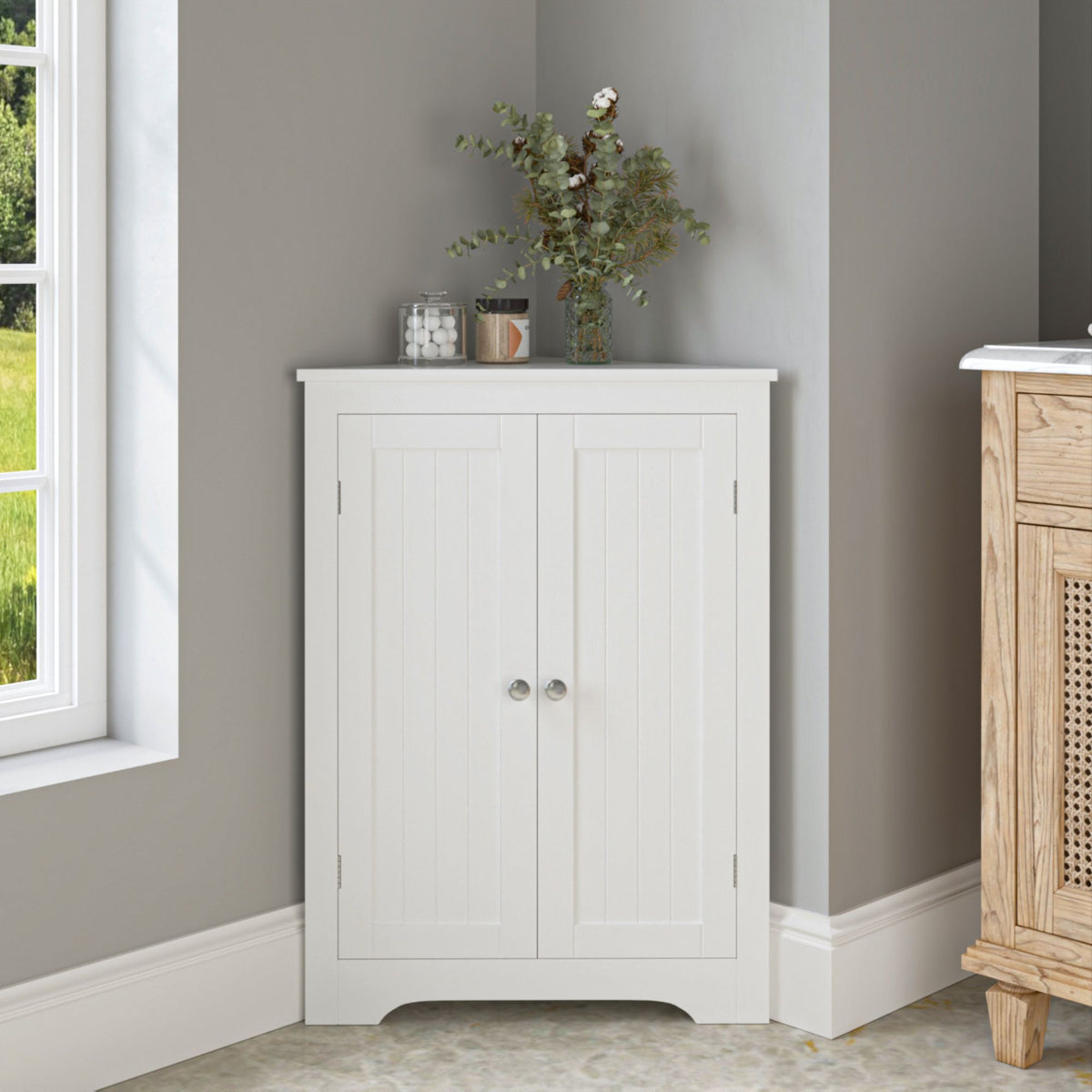 Floor Corner Cabinet with 2 Doors and Adjustable Shelves, Freestanding Narrow Cabinet Organizer, Corner Storage Cabinets for