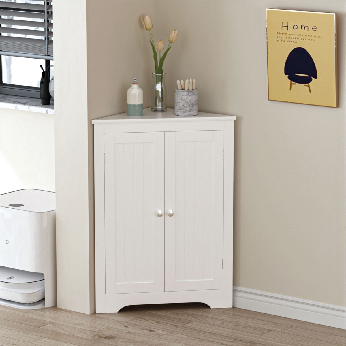 Floor Corner Cabinet with 2 Doors and Adjustable Shelves, Freestanding Narrow Cabinet Organizer, Corner Storage Cabinets for