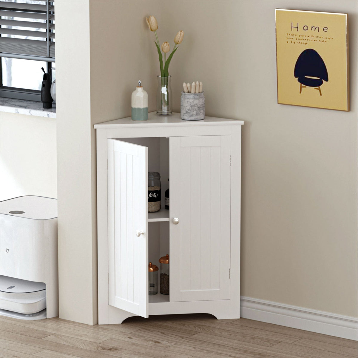 Floor Corner Cabinet with 2 Doors and Adjustable Shelves, Freestanding Narrow Cabinet Organizer, Corner Storage Cabinets for