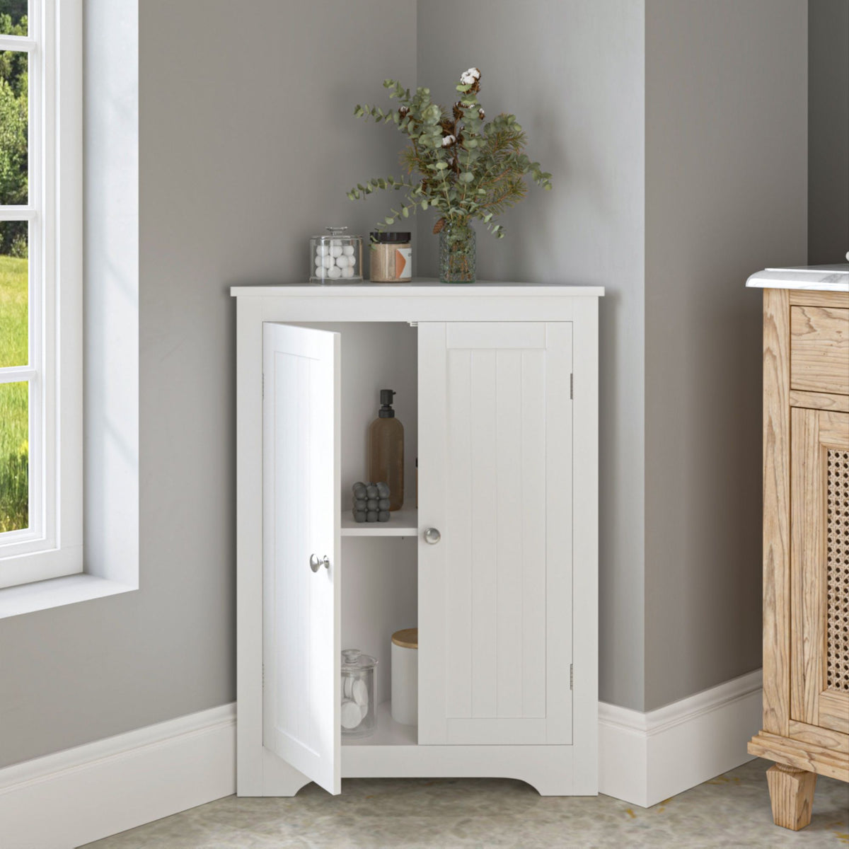 Floor Corner Cabinet with 2 Doors and Adjustable Shelves, Freestanding Narrow Cabinet Organizer, Corner Storage Cabinets for