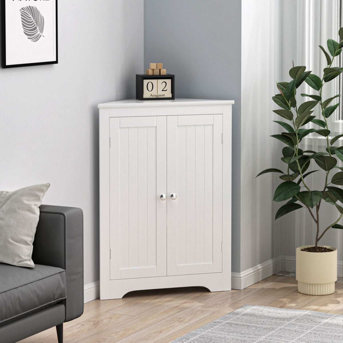 Floor Corner Cabinet with 2 Doors and Adjustable Shelves, Freestanding Narrow Cabinet Organizer, Corner Storage Cabinets for