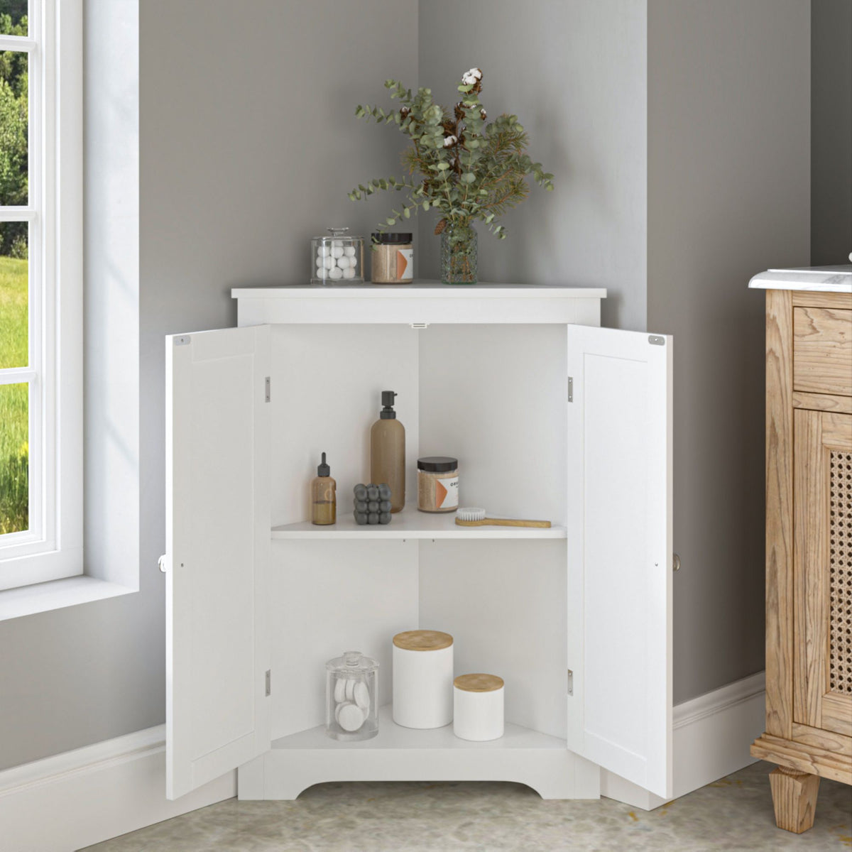 Floor Corner Cabinet with 2 Doors and Adjustable Shelves, Freestanding Narrow Cabinet Organizer, Corner Storage Cabinets for