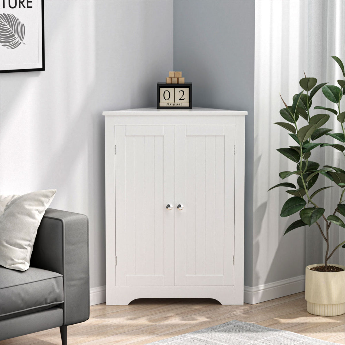 Floor Corner Cabinet with 2 Doors and Adjustable Shelves, Freestanding Narrow Cabinet Organizer, Corner Storage Cabinets for