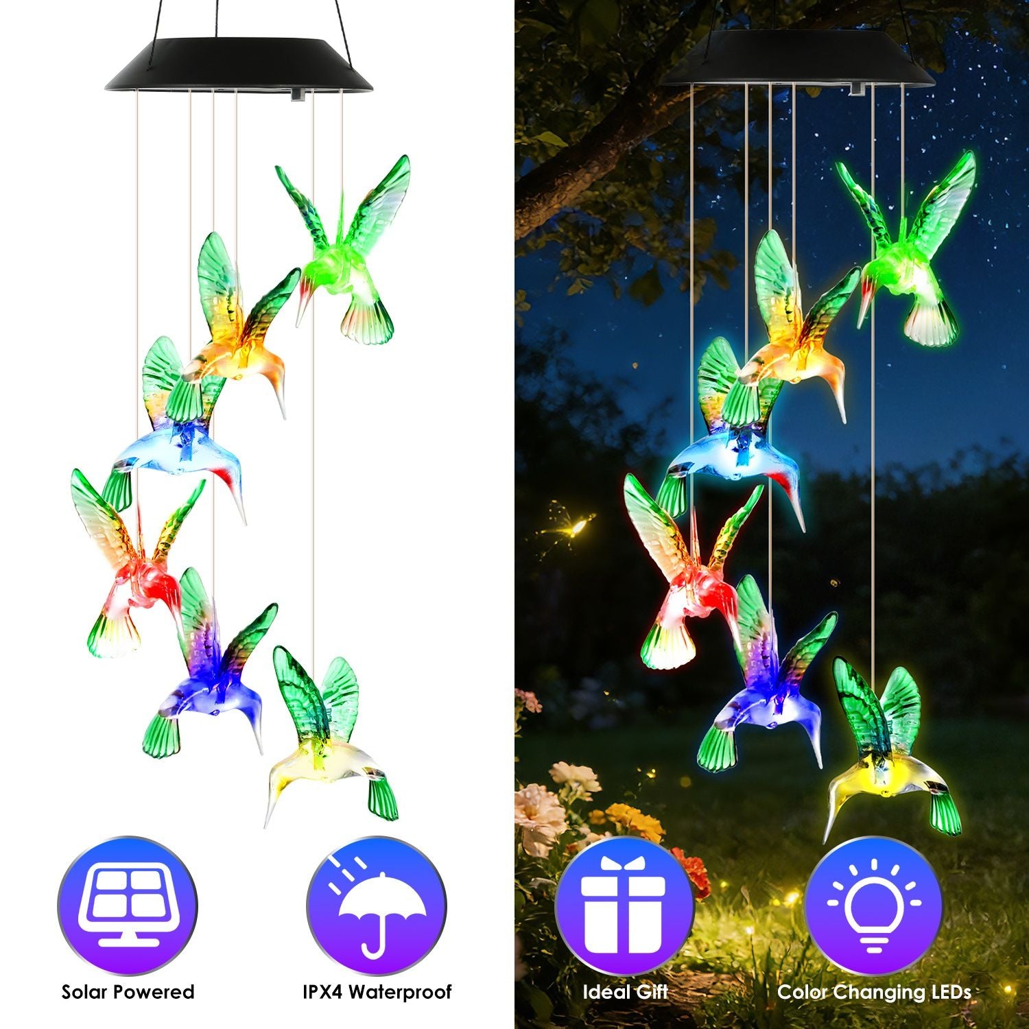 1Pc/2Pcs Options -- LED Solar Hummingbird Wind Chime Solar String Lights 6 LEDs Color-Changing IP65 Waterproof Decorative Lamp