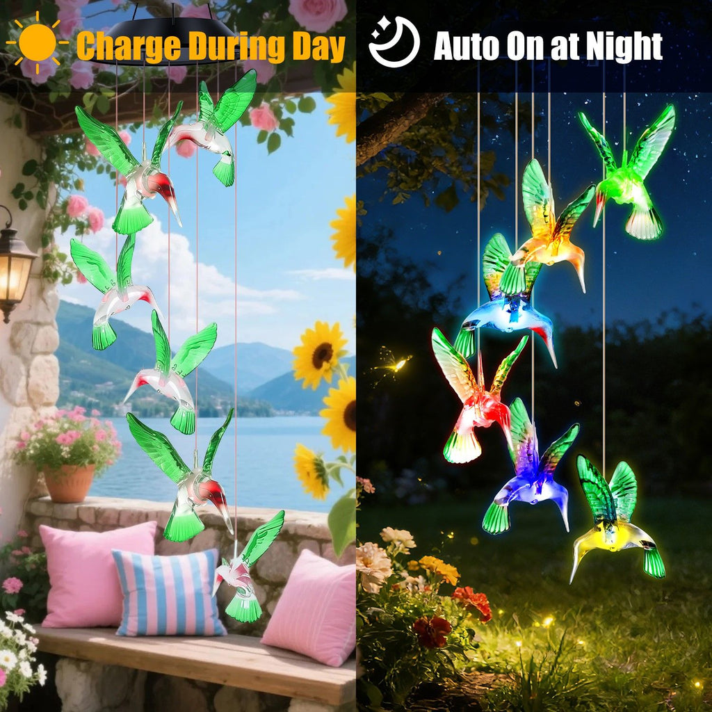 1Pc/2Pcs Options -- LED Solar Hummingbird Wind Chime Solar String Lights 6 LEDs Color-Changing IP65 Waterproof Decorative Lamp