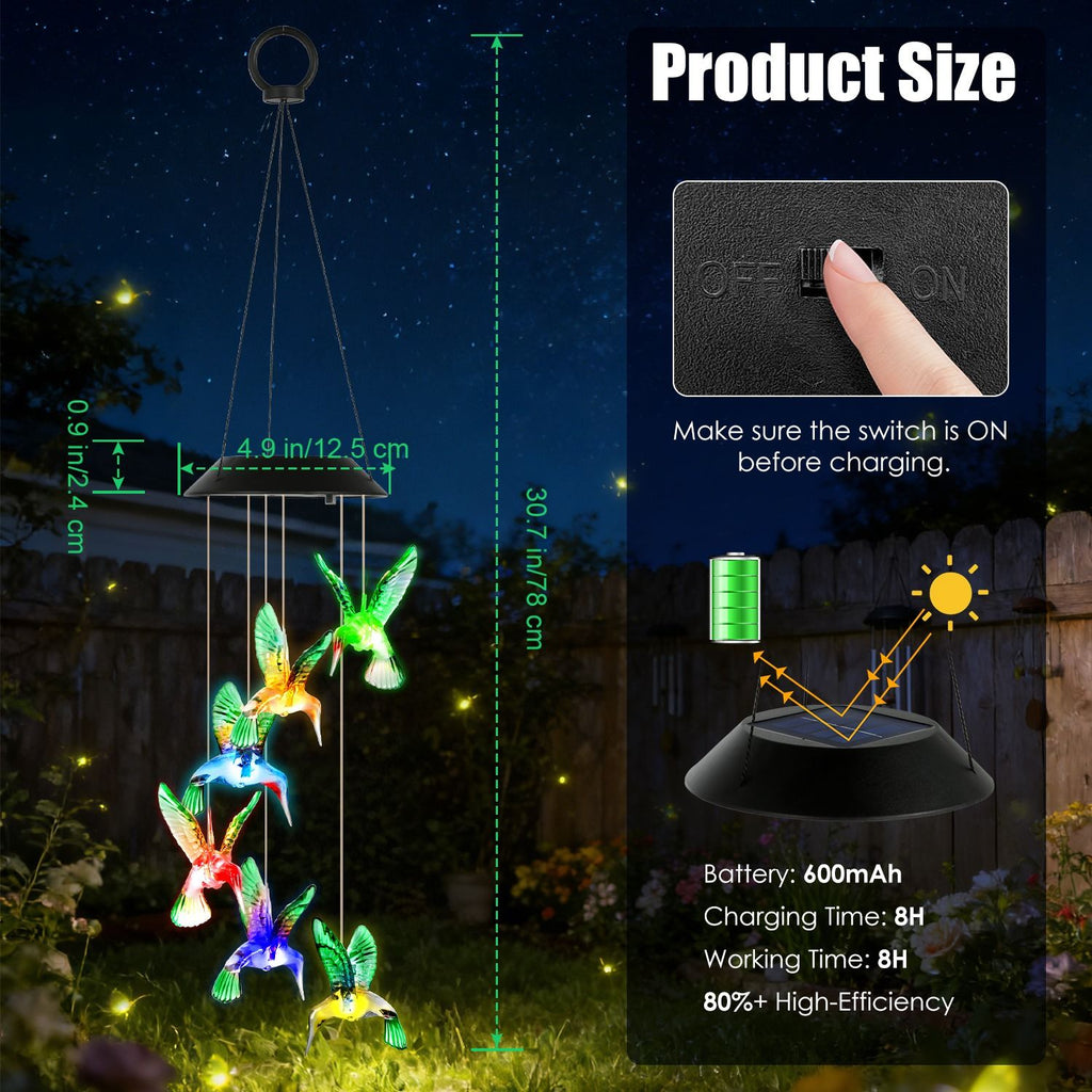 1Pc/2Pcs Options -- LED Solar Hummingbird Wind Chime Solar String Lights 6 LEDs Color-Changing IP65 Waterproof Decorative Lamp