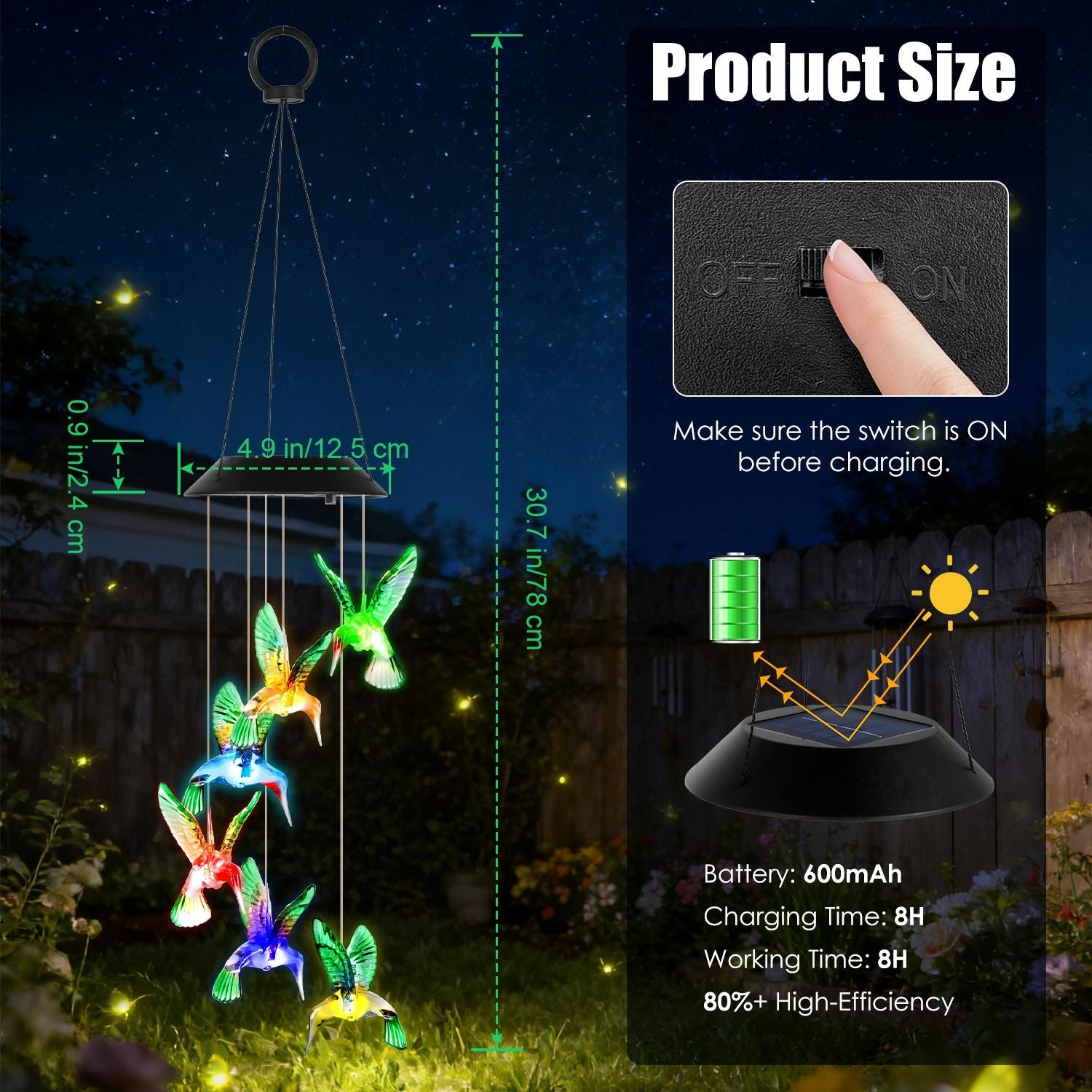 1Pc/2Pcs Options -- LED Solar Hummingbird Wind Chime Solar String Lights 6 LEDs Color-Changing IP65 Waterproof Decorative Lamp