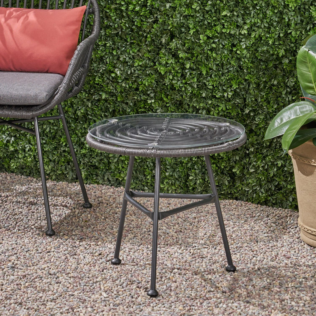 Orlando Outdoor Glass Top Faux Rattan Side Table,Tempered Glass Top End Table for Balcony Porch Deck