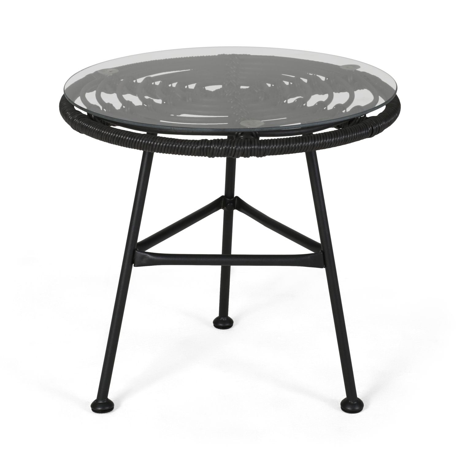 Orlando Outdoor Glass Top Faux Rattan Side Table,Tempered Glass Top End Table for Balcony Porch Deck