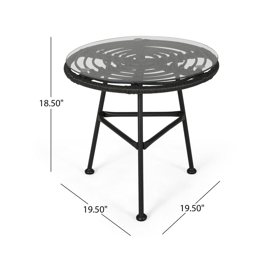 Orlando Outdoor Glass Top Faux Rattan Side Table,Tempered Glass Top End Table for Balcony Porch Deck