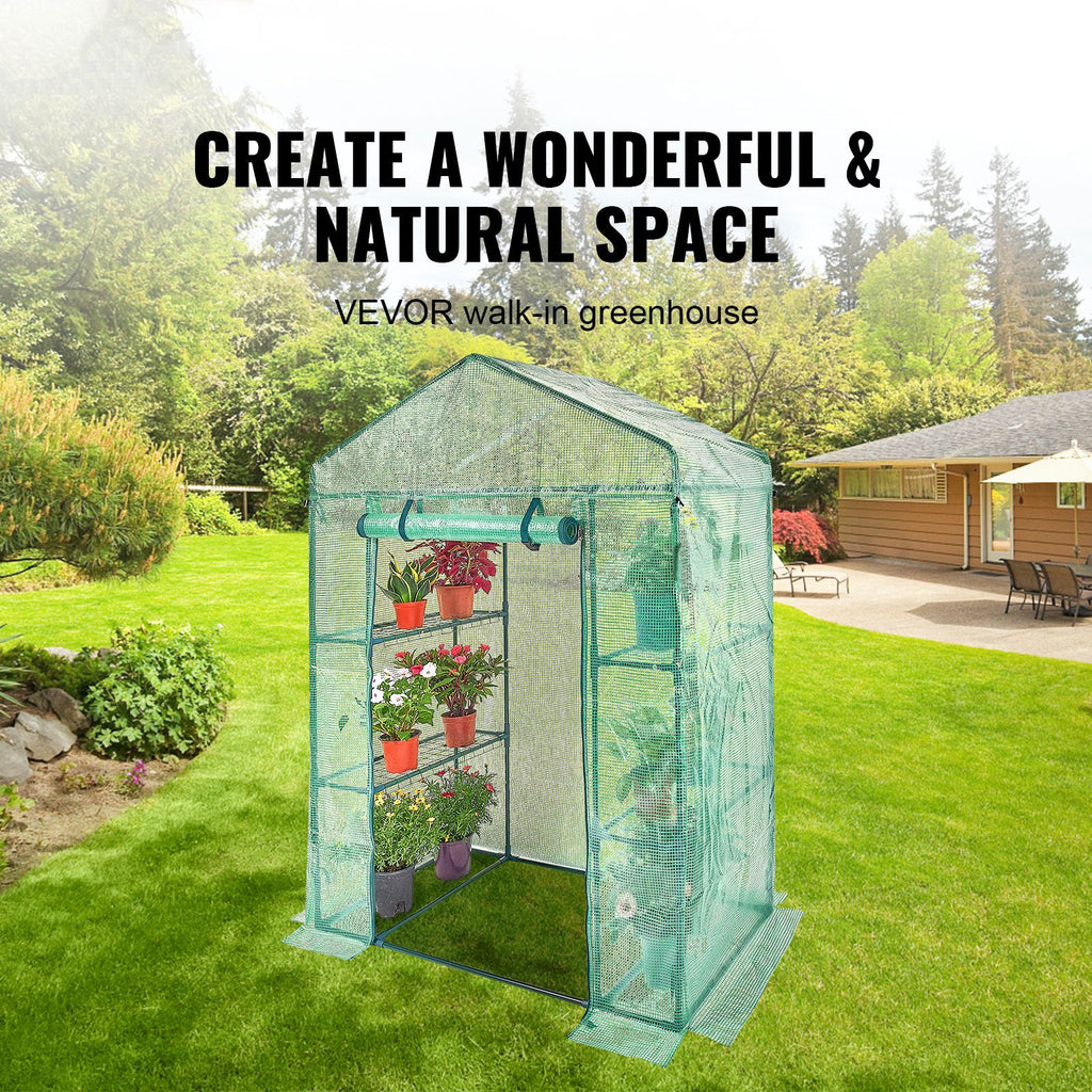 Walk-in Green House, 4.6 x 2.4 x 6.7 ft, Greenhouse with Shelves, High Strength PE Cover with Doors, Windows and Steel Frame, Set Up in Minutes, for Planting and Storage
