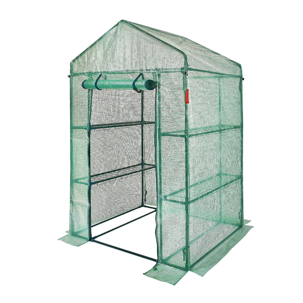 Walk-in Green House, 4.6 x 2.4 x 6.7 ft, Greenhouse with Shelves, High Strength PE Cover with Doors, Windows and Steel Frame, Set Up in Minutes, for Planting and Storage