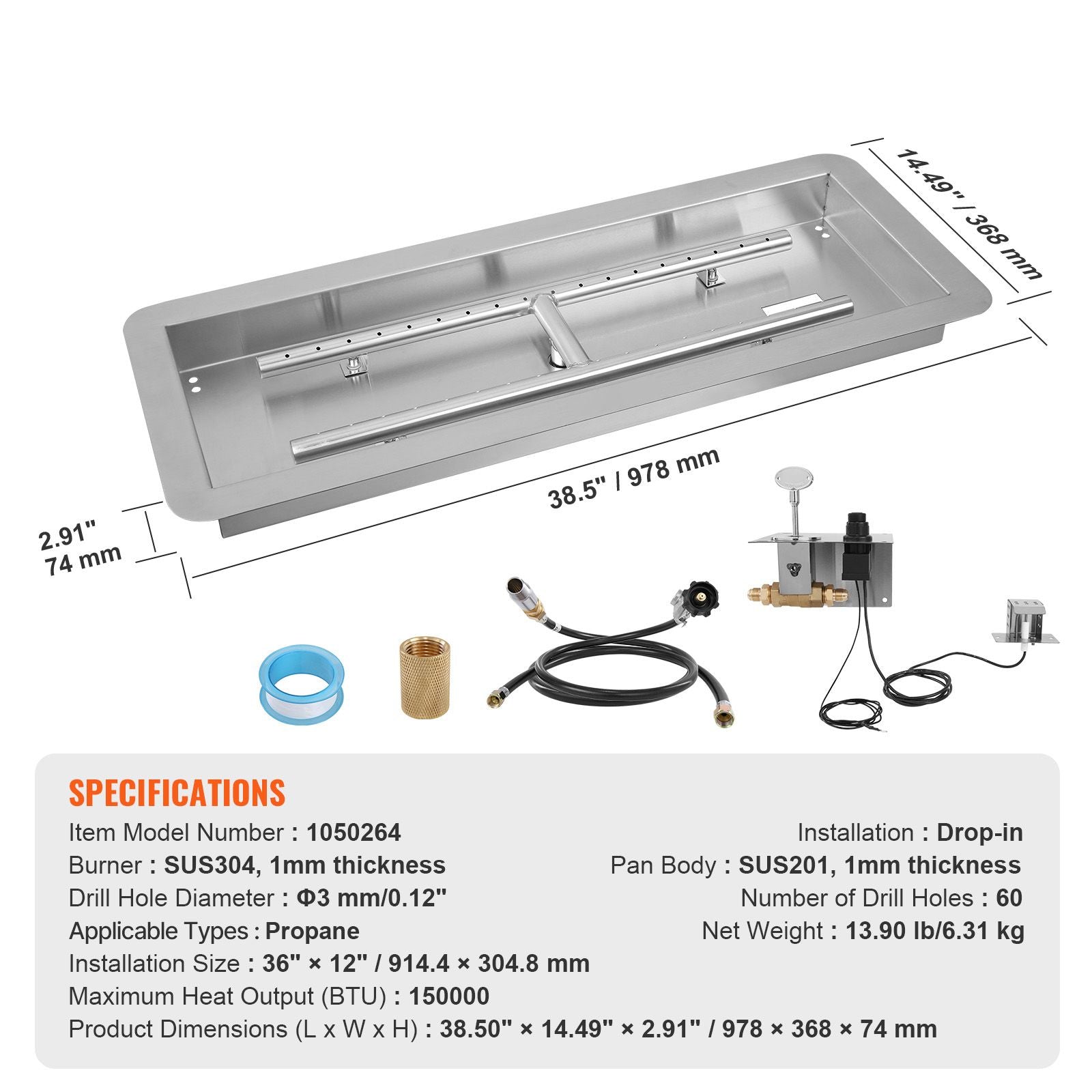 36 x 12 inch Drop-in Fire Pit Pan, Rectangular Stainless Steel Fire Pit Burner Kit, Natural & Propane Gas Fire Pan 150,000 BTU with H-Burner for Indoor or Outdoor Use