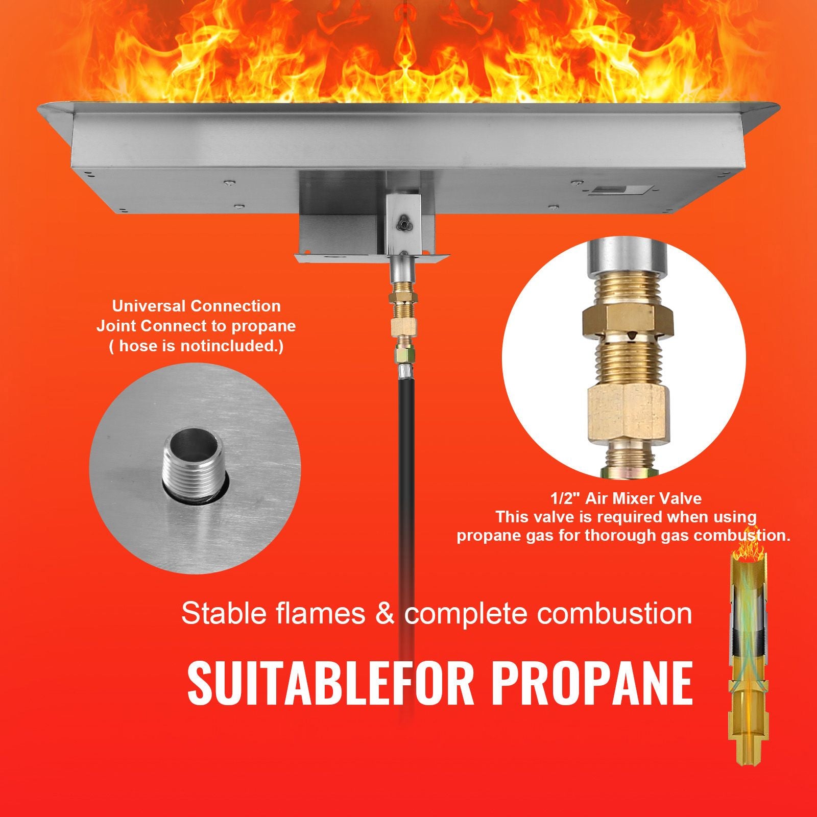 36 x 12 inch Drop-in Fire Pit Pan, Rectangular Stainless Steel Fire Pit Burner Kit, Natural & Propane Gas Fire Pan 150,000 BTU with H-Burner for Indoor or Outdoor Use