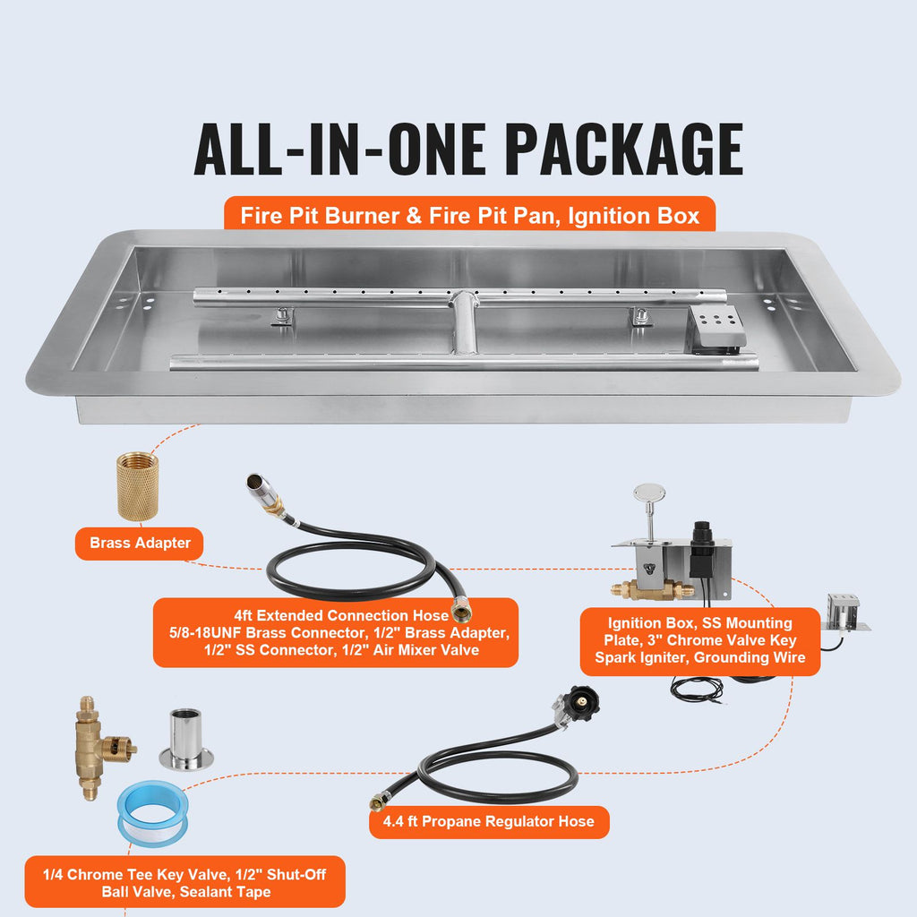 24 x 8 inch Drop-in Fire Pit Pan, Rectangular Stainless Steel Fire Pit Burner Kit, Propane Gas Fire Pan 120,000 BTU with H-Burner for Indoor or Outdoor Use