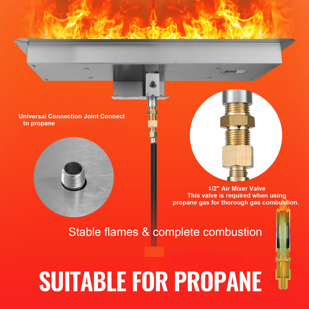 24 x 8 inch Drop-in Fire Pit Pan, Rectangular Stainless Steel Fire Pit Burner Kit, Propane Gas Fire Pan 120,000 BTU with H-Burner for Indoor or Outdoor Use