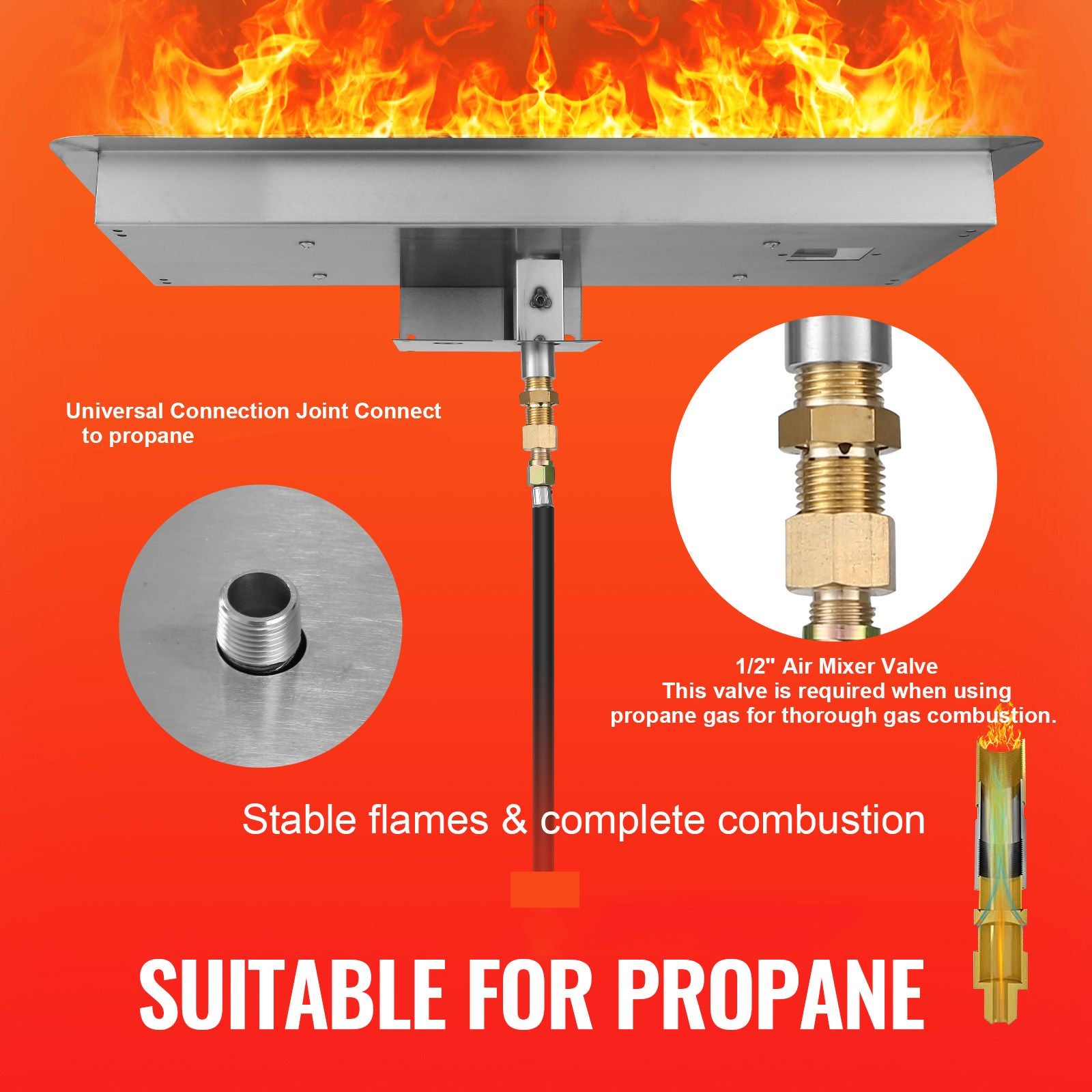 24 x 8 inch Drop-in Fire Pit Pan, Rectangular Stainless Steel Fire Pit Burner Kit, Propane Gas Fire Pan 120,000 BTU with H-Burner for Indoor or Outdoor Use