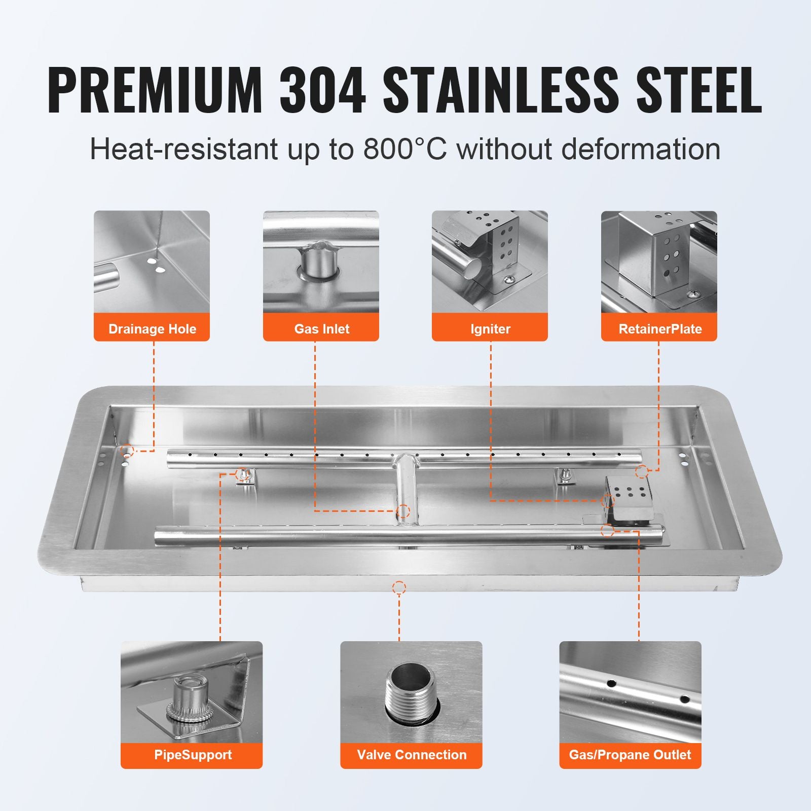 24 x 8 inch Drop-in Fire Pit Pan, Rectangular Stainless Steel Fire Pit Burner Kit, Propane Gas Fire Pan 120,000 BTU with H-Burner for Indoor or Outdoor Use