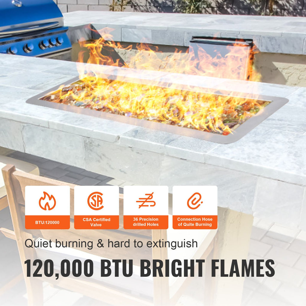 24 x 8 inch Drop-in Fire Pit Pan, Rectangular Stainless Steel Fire Pit Burner Kit, Propane Gas Fire Pan 120,000 BTU with H-Burner for Indoor or Outdoor Use