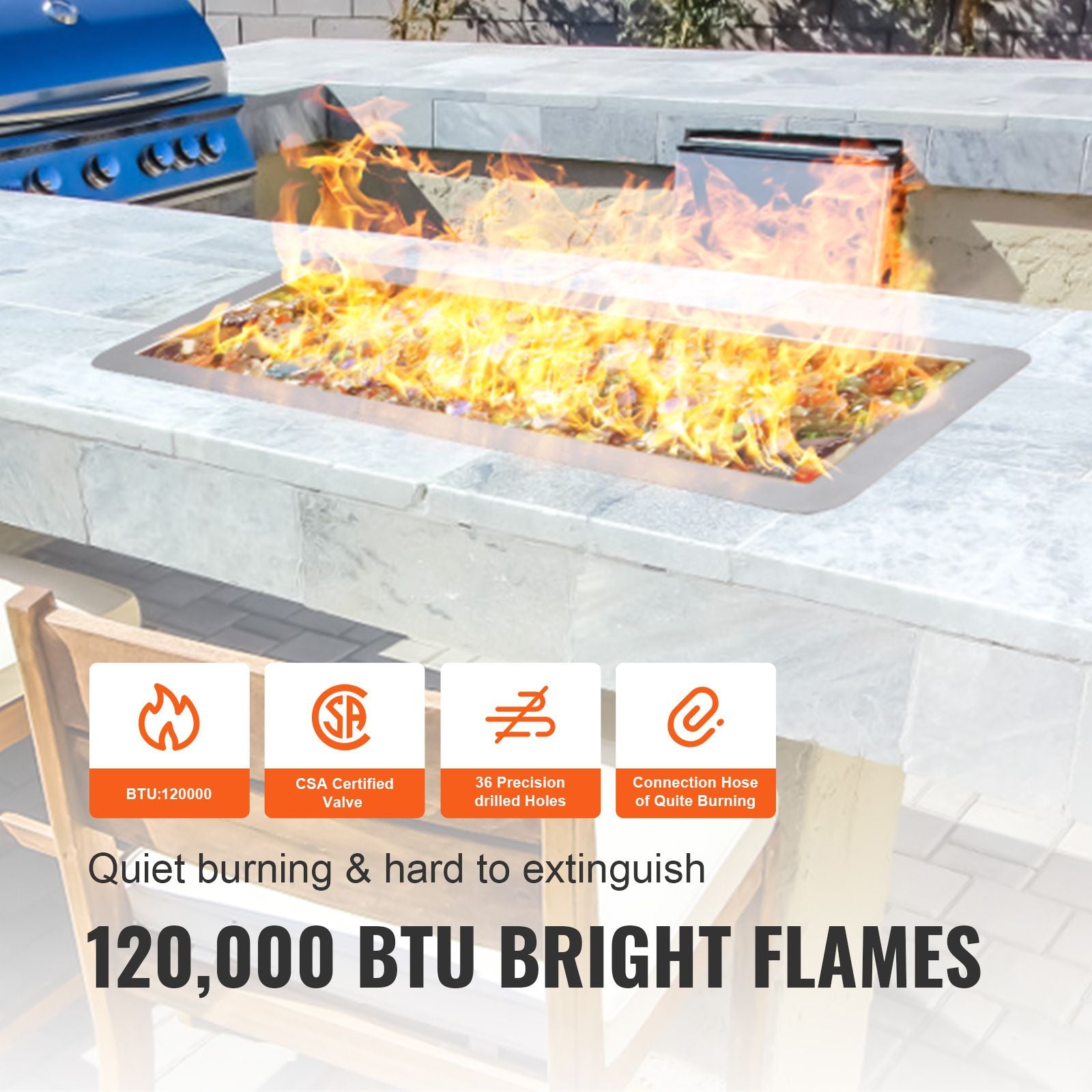24 x 8 inch Drop-in Fire Pit Pan, Rectangular Stainless Steel Fire Pit Burner Kit, Propane Gas Fire Pan 120,000 BTU with H-Burner for Indoor or Outdoor Use