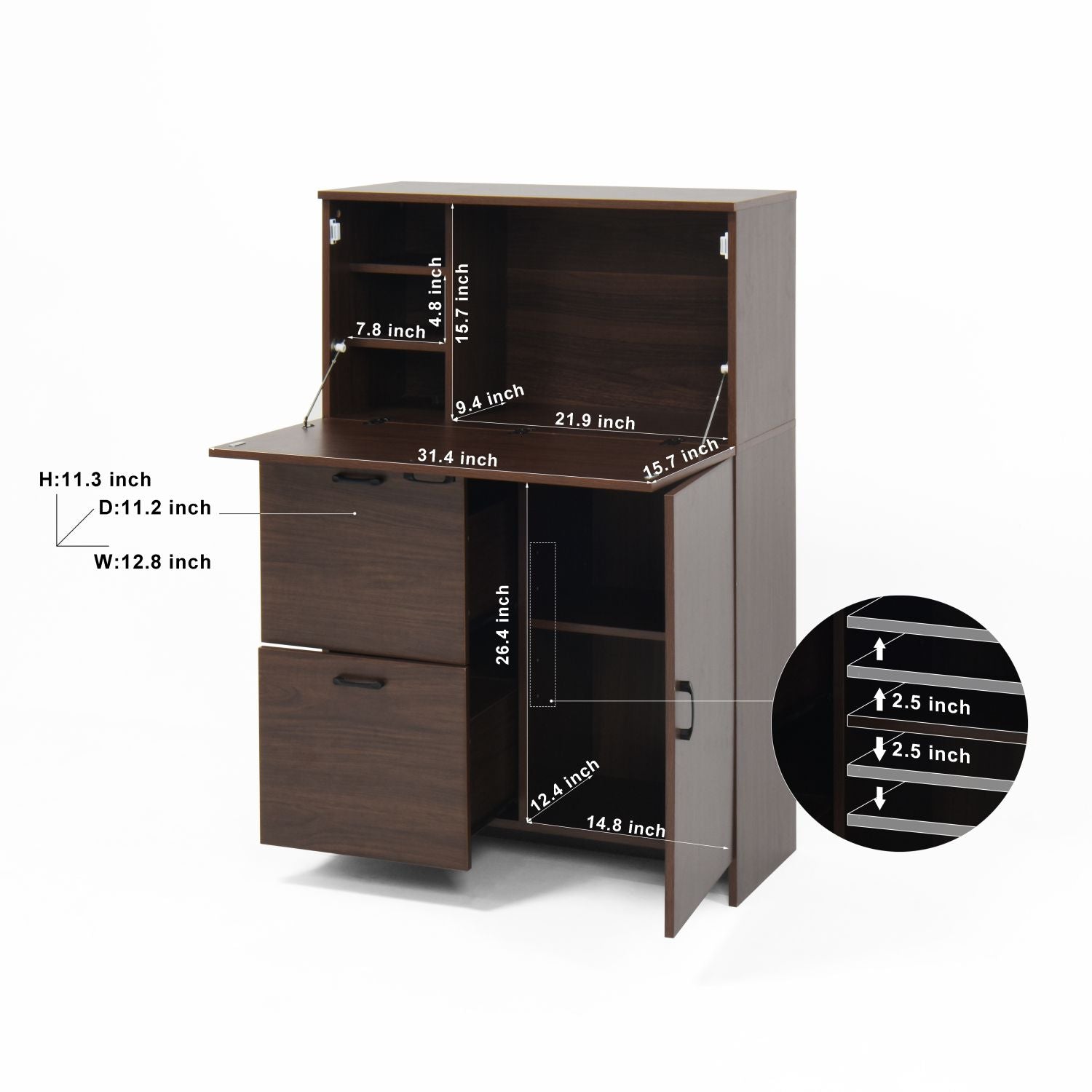 Desk Cabinet, with Storage Drawer & Shelves, Fold-up Desktop, Ideal for Home, Office, Kitchen storage organizer, Dormitory, Small Spaces W31.49"xD13.78"xH47.2"