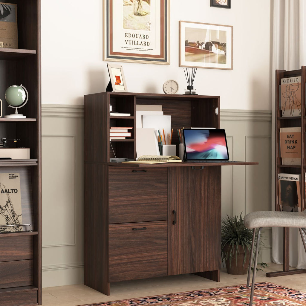 Desk Cabinet, with Storage Drawer & Shelves, Fold-up Desktop, Ideal for Home, Office, Kitchen storage organizer, Dormitory, Small Spaces W31.49"xD13.78"xH47.2"