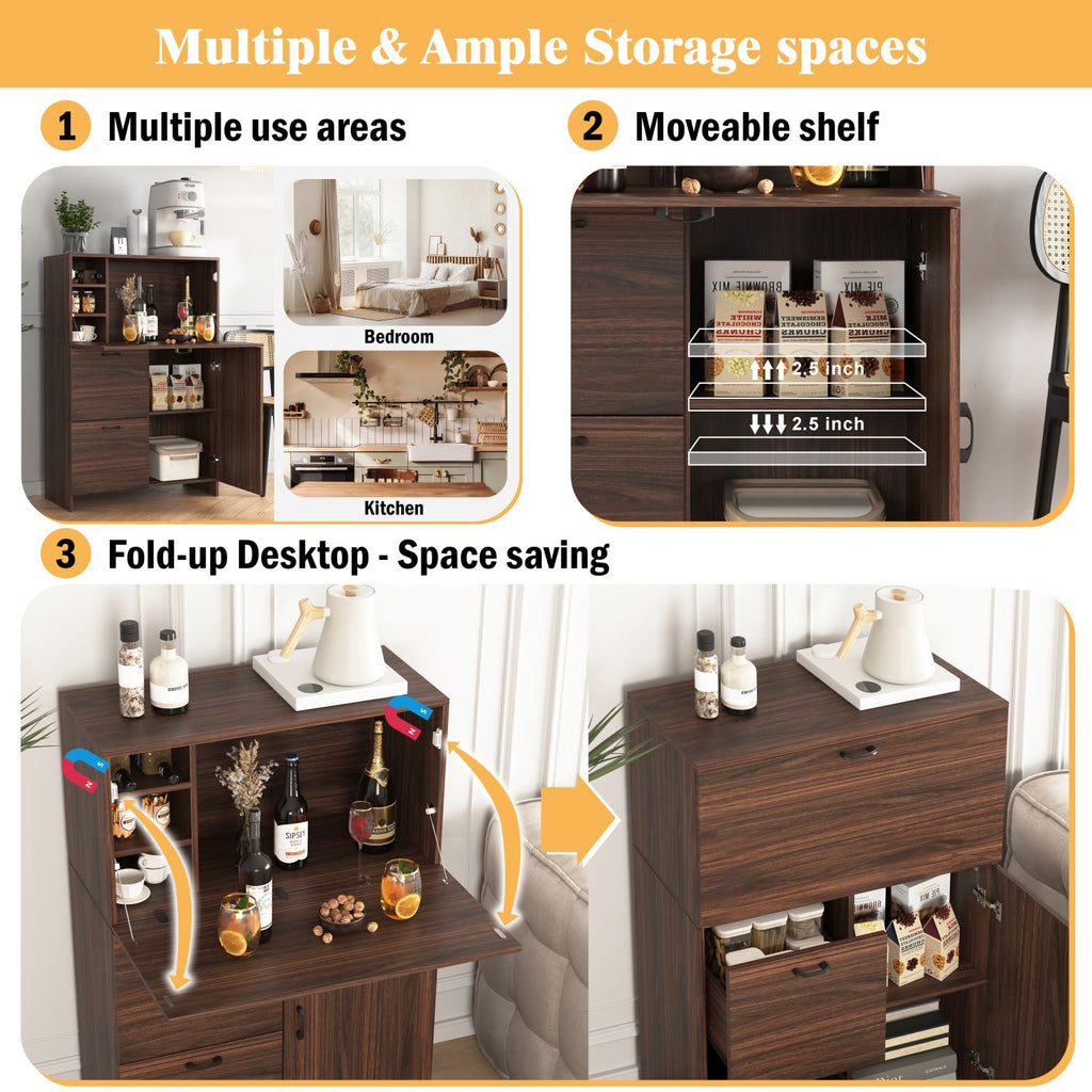Desk Cabinet, with Storage Drawer & Shelves, Fold-up Desktop, Ideal for Home, Office, Kitchen storage organizer, Dormitory, Small Spaces W31.49"xD13.78"xH47.2"