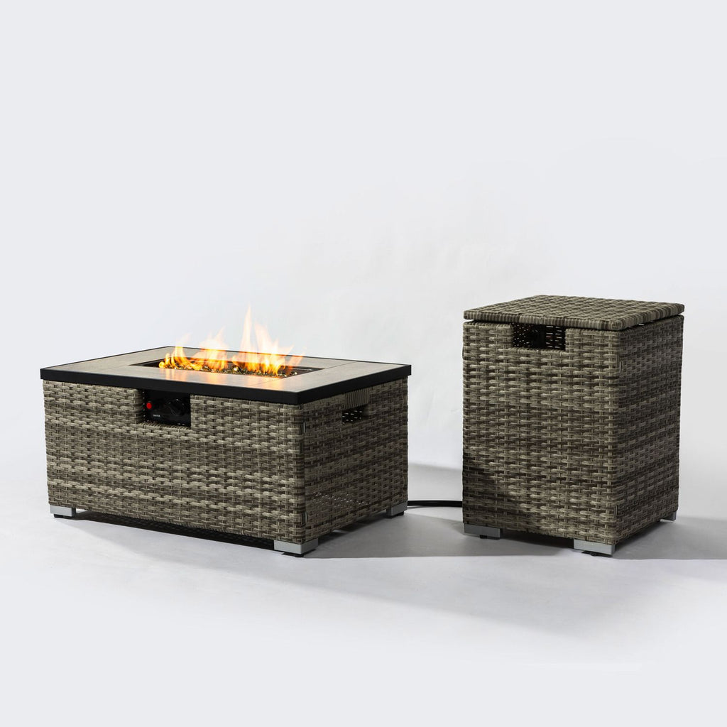 32" Propane Gas Fire Pit Table with Propane Tank Cover 2-Pieces, 50000 BTU Rectangular Steel Fire Pit with Beautiful Wicker Base for Outside Garden-Beige