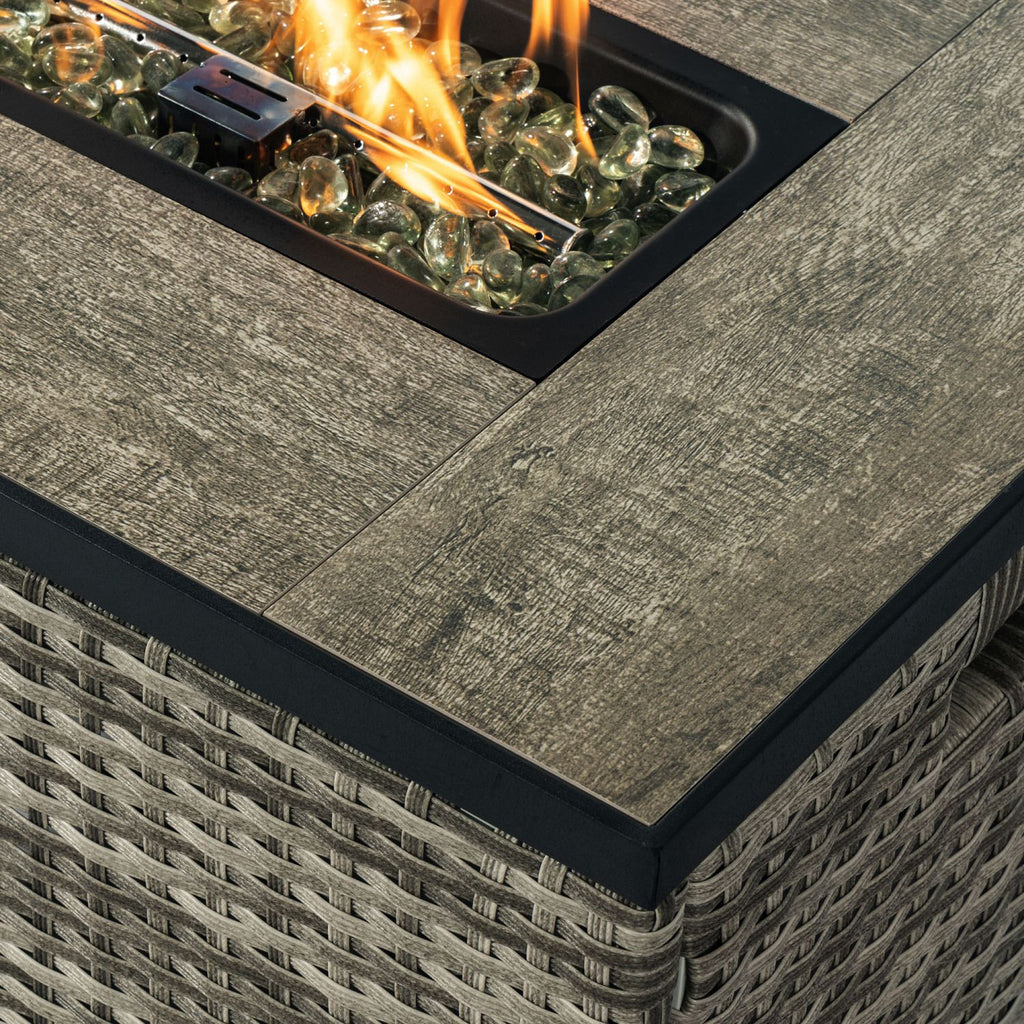 32" Propane Gas Fire Pit Table with Propane Tank Cover 2-Pieces, 50000 BTU Rectangular Steel Fire Pit with Beautiful Wicker Base for Outside Garden-Beige