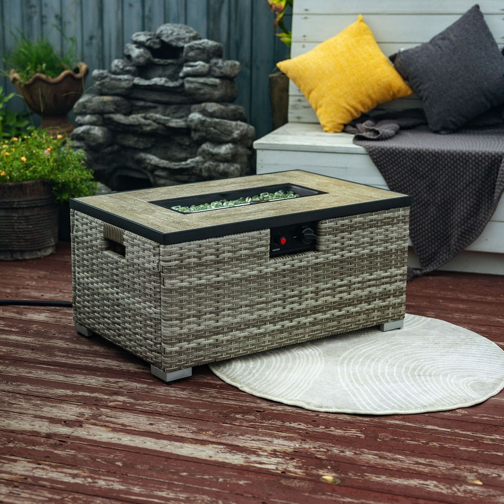 32" Propane Gas Fire Pit Table with Propane Tank Cover 2-Pieces, 50000 BTU Rectangular Steel Fire Pit with Beautiful Wicker Base for Outside Garden-Beige
