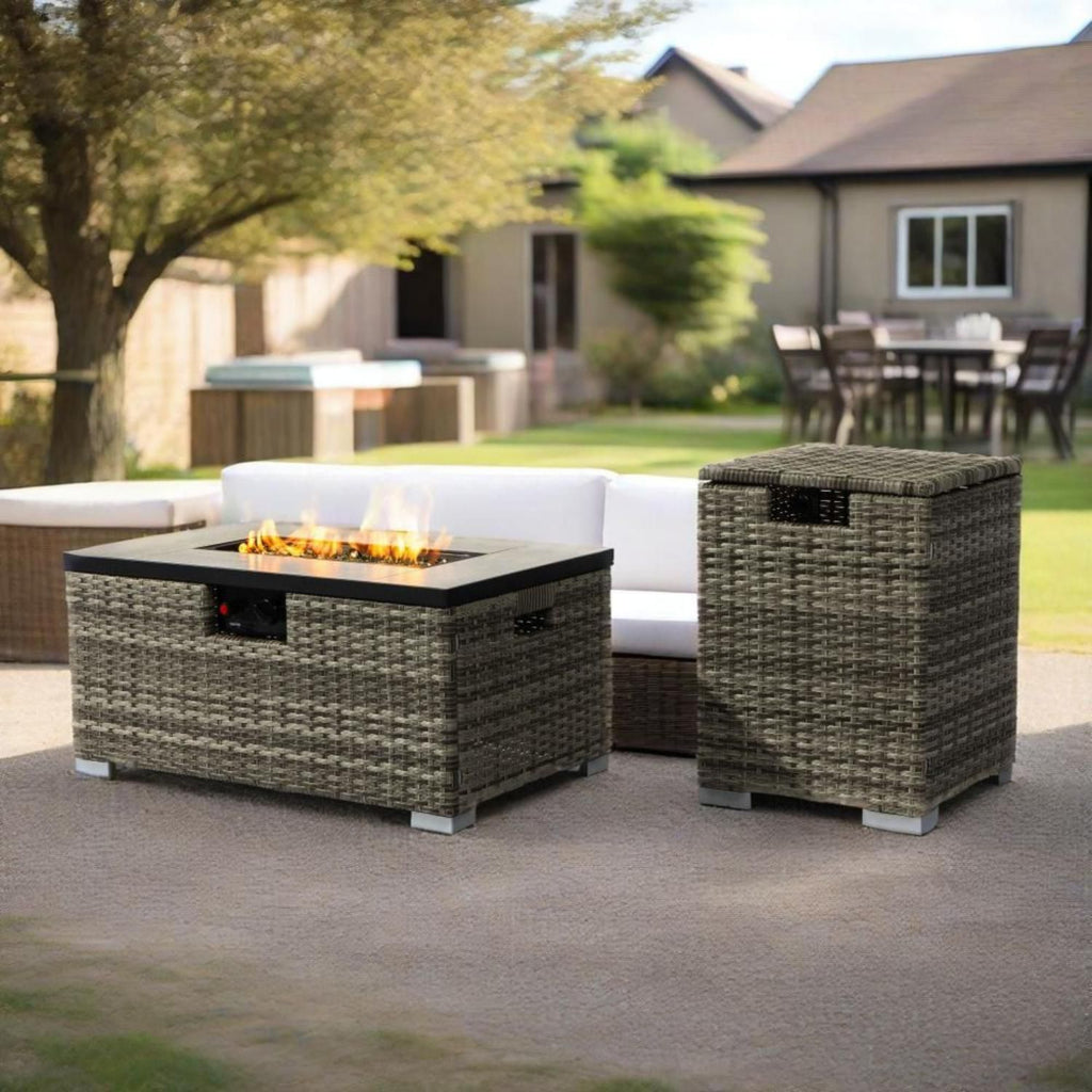 32" Propane Gas Fire Pit Table with Propane Tank Cover 2-Pieces, 50000 BTU Rectangular Steel Fire Pit with Beautiful Wicker Base for Outside Garden-Beige