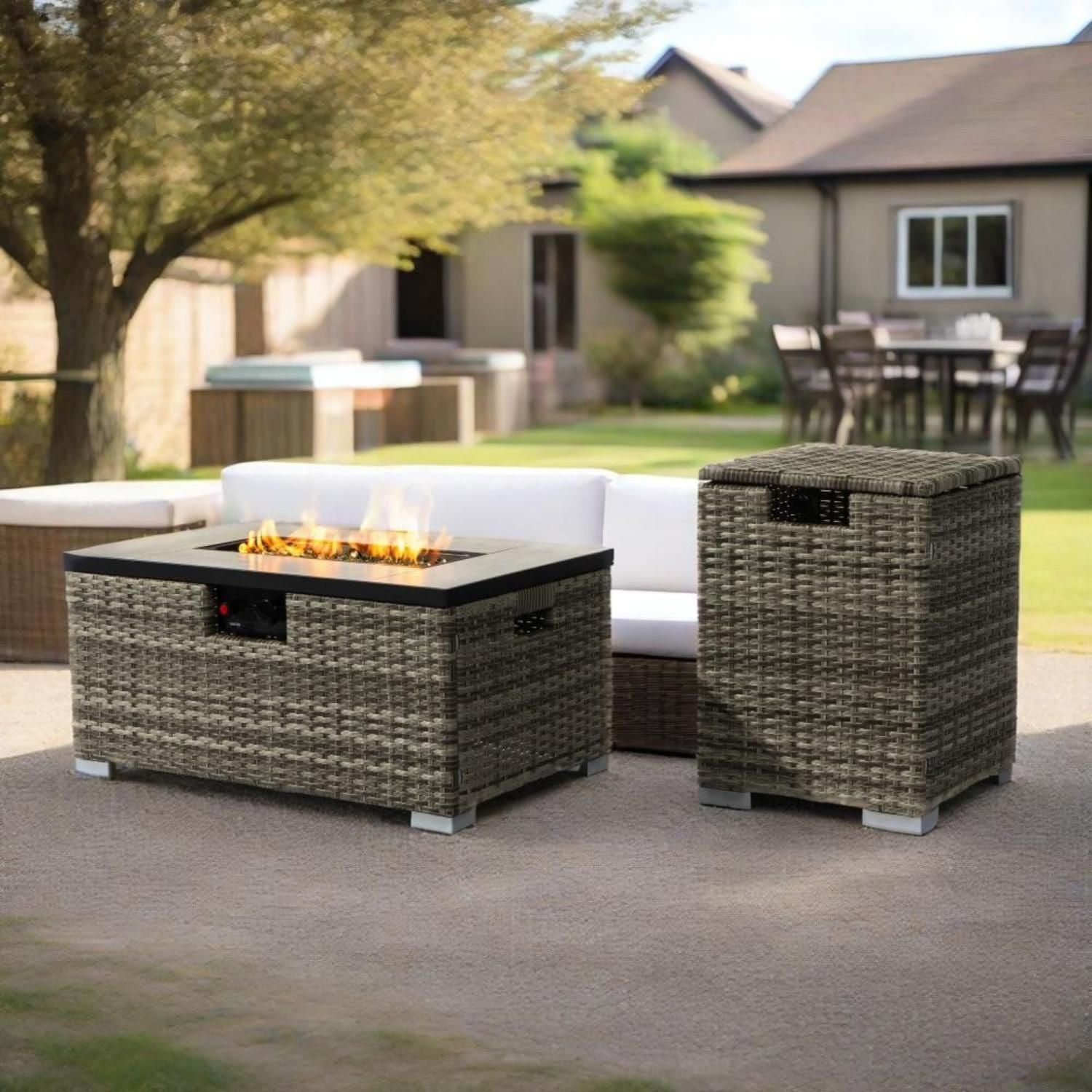 32" Propane Gas Fire Pit Table with Propane Tank Cover 2-Pieces, 50000 BTU Rectangular Steel Fire Pit with Beautiful Wicker Base for Outside Garden-Beige