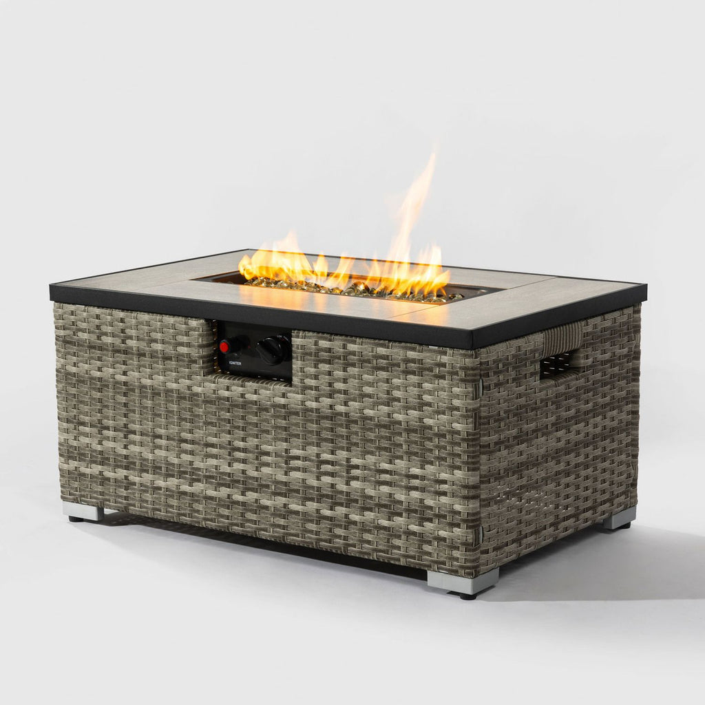 32" Propane Gas Fire Pit Table with Propane Tank Cover 2-Pieces, 50000 BTU Rectangular Steel Fire Pit with Beautiful Wicker Base for Outside Garden-Beige