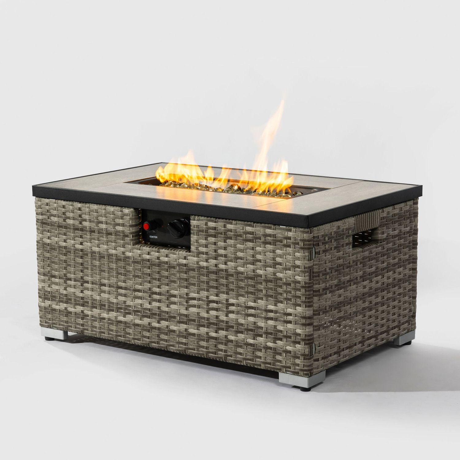 32" Propane Gas Fire Pit Table with Propane Tank Cover 2-Pieces, 50000 BTU Rectangular Steel Fire Pit with Beautiful Wicker Base for Outside Garden-Beige