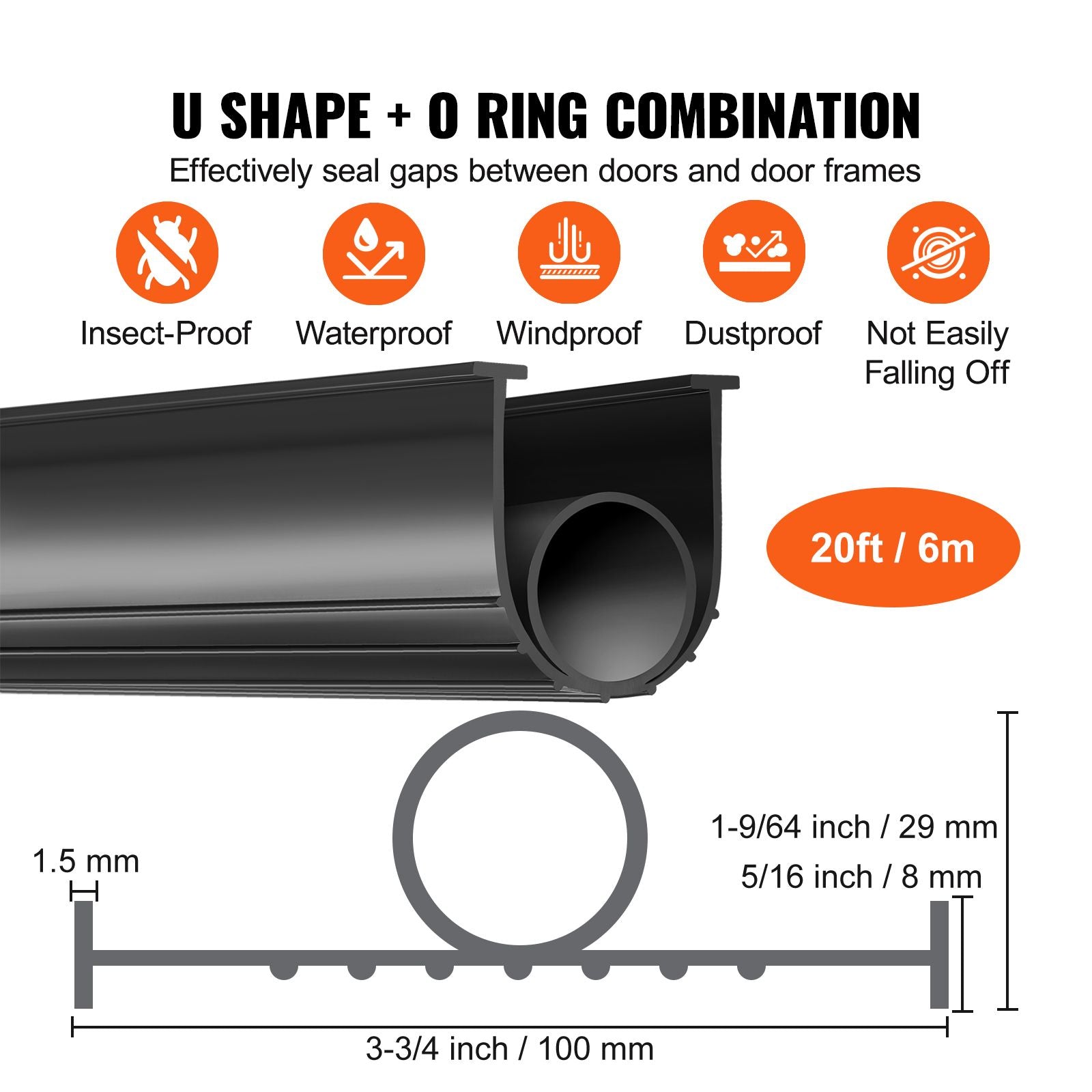 Garage Door Seals Bottom Rubber, U Shape +O Ring Garage Door Weather Stripping, Universal Weatherproof Threshold Buffering Sealing Rubber , 5/16 inch T-ends and 3 3/4 inch Width (20 Ft, Black)